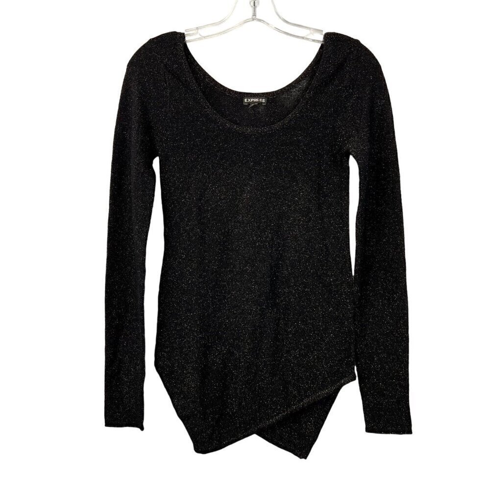 Express Womens Scoop Neck Asymmetrical Lightweight Sweater Bk/Gold Shimmer XS